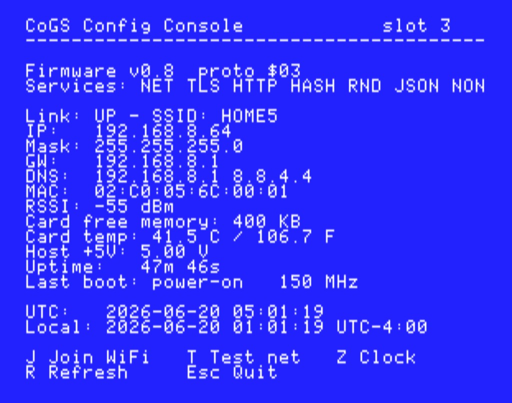 CoGS Config Console (CDA): firmware v0.8, link, IP, and card vitals at a glance