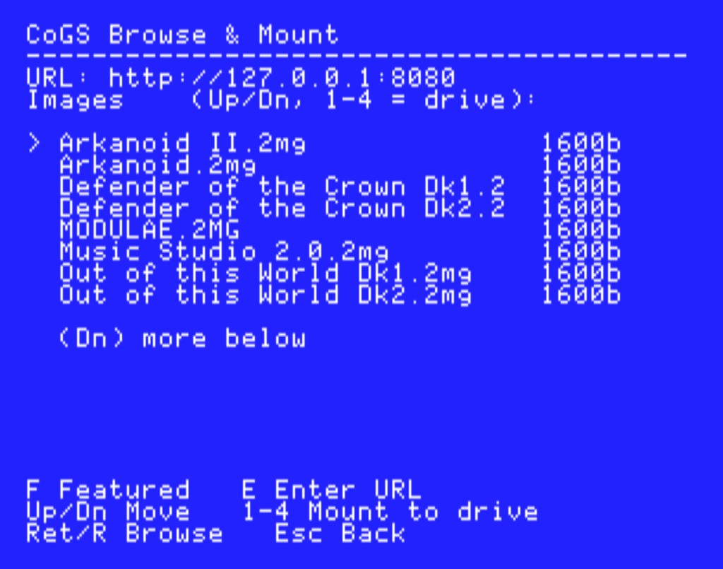 CoGS Config Console browsing a folder of disk images served over the network, ready to mount