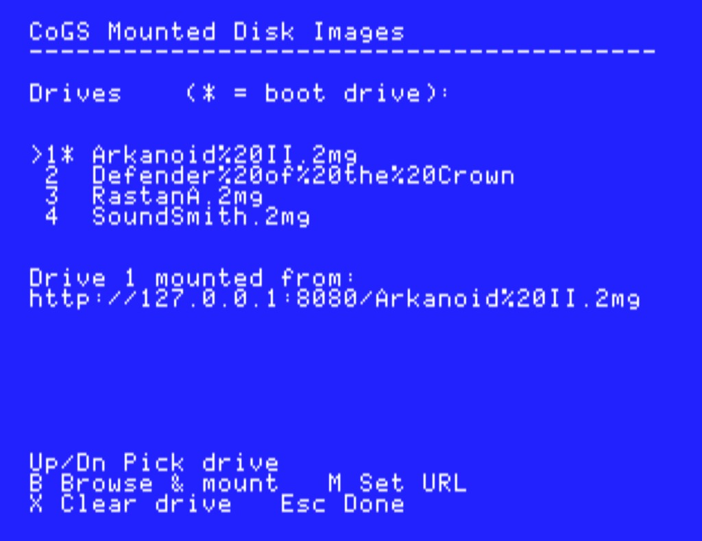 CoGS Config Console multi-unit mount table, each SmartPort unit pointed at a network disk image
