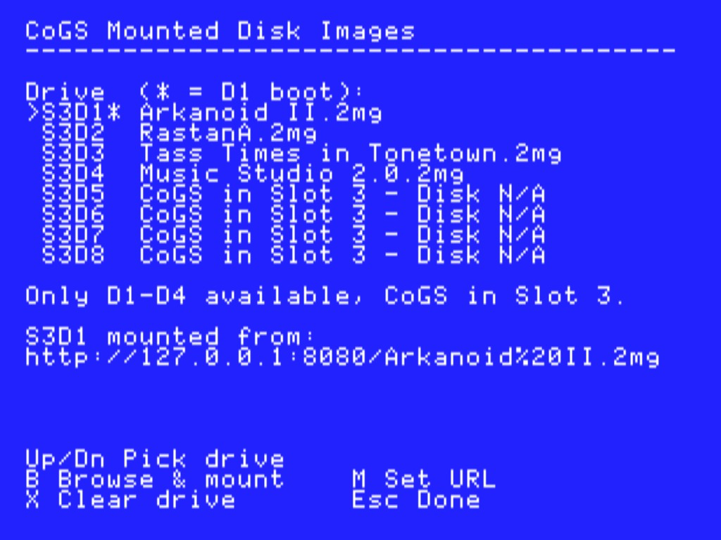 CoGS Config Console multi-unit mount table, each SmartPort unit pointed at a network disk image